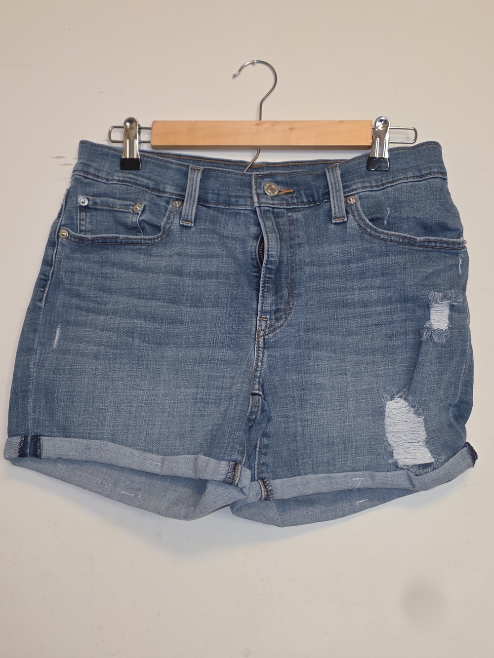 Levi's Distressed Rolled-Hem Denim Shorts - Light Blue